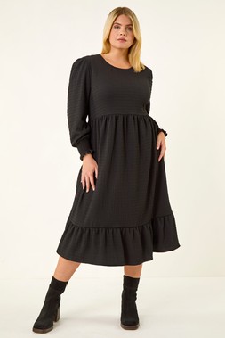 Black Curve Textured Gathered Stretch Midi Dress