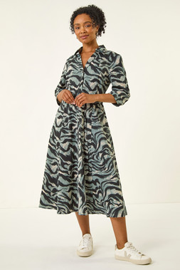 Roman Petite Grey Animal Print Stretch Shirt Dress