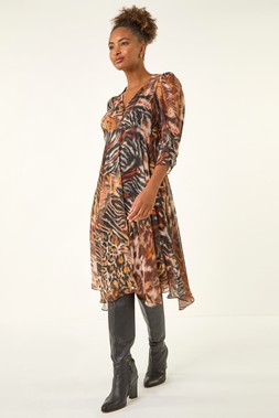 Roman Brown Animal Print Hanky Hem Dress