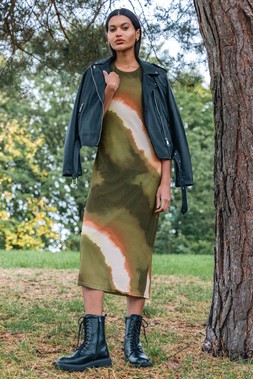 Roman Khaki Abstract Print Mesh Stretch Midi Dress