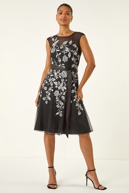 Black Embroidered Tie Waist Midi Dress