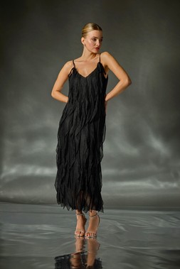 Roman Dusk Black Frill Stretch Maxi Dress