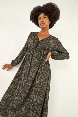 Roman Khaki Floral Print V-Neck Stretch Midi Dress