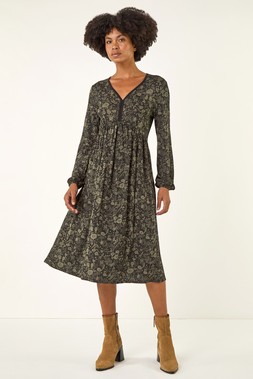 Roman Khaki Floral Print V-Neck Stretch Midi Dress