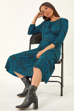 Roman Petite Blue Abstract Swirl Midi Dress