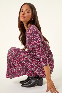 Roman Petite Purple Paisley Pocket Midi Dress