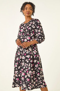 Roman Petite Black Floral Gathered Midi Dress
