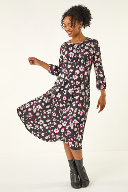 Roman Petite Black Floral Gathered Midi Dress