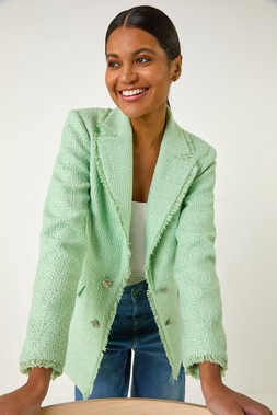 Roman Textured Frayed Edge Boucle Button Jacket