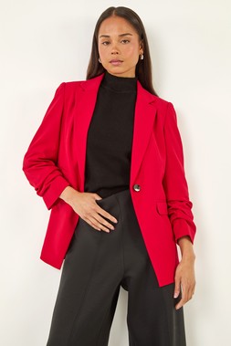 Roman Petite Red Ruched Buttoned Blazer