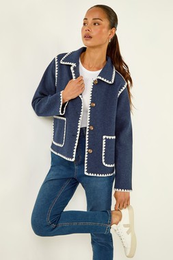 Roman Petite Navy Blanket Stitch Jacket