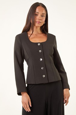 Roman Petite Black Scoop Neck Buttoned Jacket
