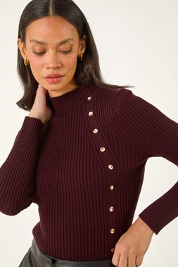 Roman Dusk Purple High Neck Button Detail Rib Jumper