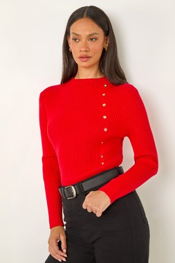 Roman Dusk Red High Neck Button Detail Rib Jumper