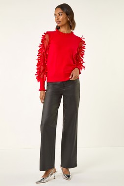 Roman Red Sheer Feather Sleeved Jumper