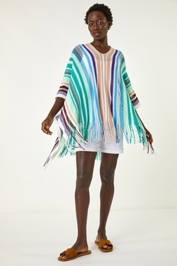 Roman Aqua Fringe Poncho