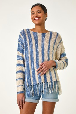 Roman Blue Textured Fringe Hem Knit Jumper