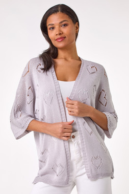 Roman Silver Pointelle Heart Knit Cardigan