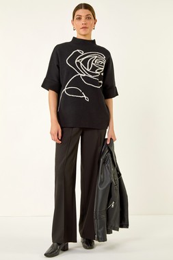 Roman Black Rose Motif High Neck Knit Jumper