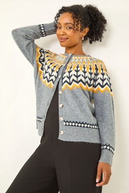 Roman Petite Grey Fairisle Buttoned Knit Cardigan