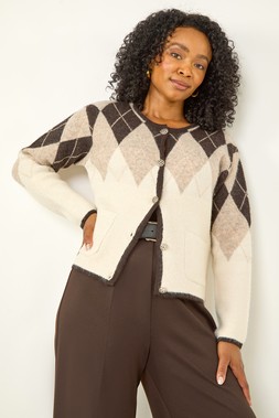 Roman Petite Natural Buttoned Argyle Knit Cardigan