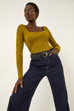 Roman Olive Soft Square Neck Rib Knit