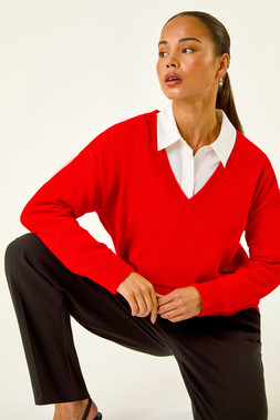 Roman Petite Red V-Neck Knit Jumper