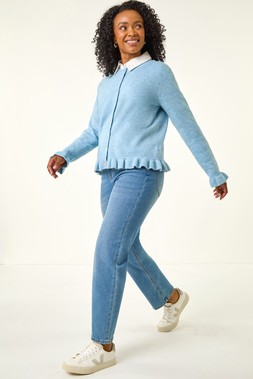 Blue Petite Flute Hem Buttoned Cardigan