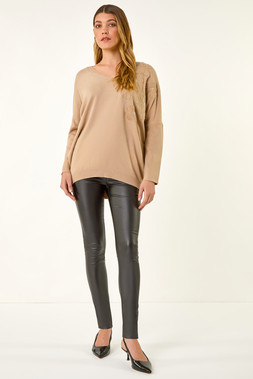 Roman Beige Floral Sequin V-Neck Knit Jumper