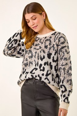 Roman Ivory Sequin Animal Print Knit Jumper