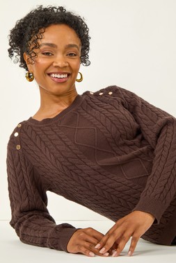 Roman Petite Chocolate Button Cable Knit Jumper