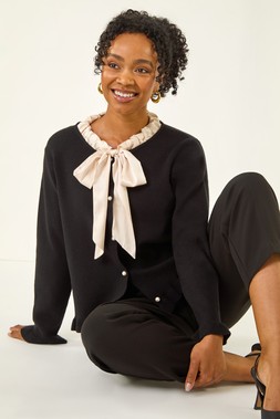 Roman Petite Black Tie Neck Frill Hem Cardigan