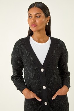 Roman Black Longline Tinsel Knit Cardigan