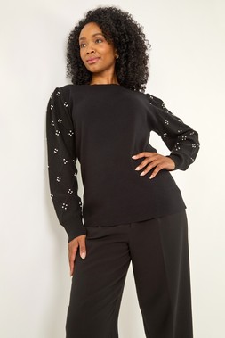 Roman Petite Black Faux Pearl Contrast Cable Knit Jumper
