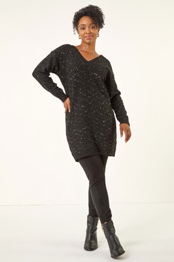 Roman Petite Black Sparkle V-Neck Knit Jumper Dress