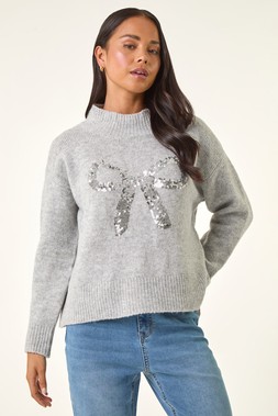 Roman Petite Grey Sequin Bow Knit Jumper
