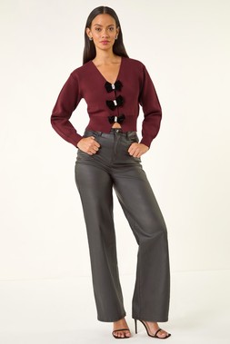 Roman Dusk Burgundy Bow Buttoned Knit Cardigan