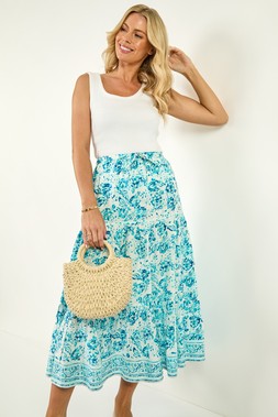 Roman Petite Turquoise Floral Print Tie Midi Skirt