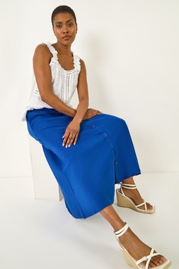 Roman Navy Linen Button Pencil Midi Skirt