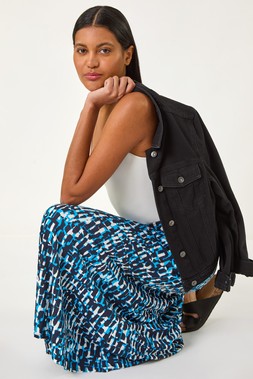 Roman Turquoise Geo Print A-Line Stretch Skirt