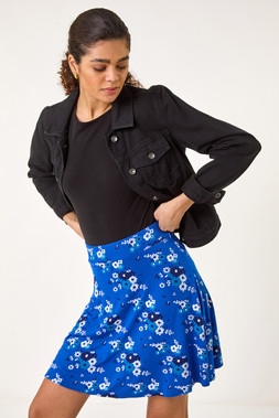 Roman Royal Blue Floral Print Stretch Skater Skirt