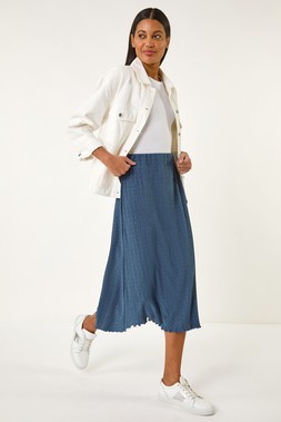 Roman Blue Textured Fluted Hem Midi Skirt