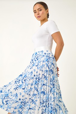 Roman Petite Blue Floral Pleated Midi Skirt