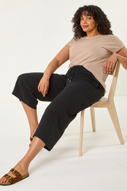 Roman Curve Black Linen Mix Cropped Trousers