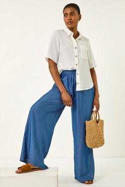 Roman Denim Pleated Full Length Wide Leg Trouser