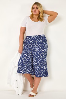Roman Curve Navy Ikat Print Wide Leg Culottes