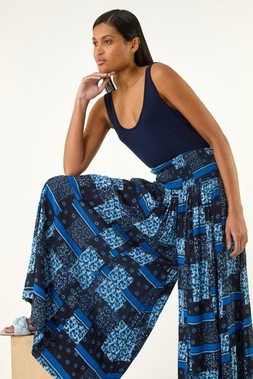 Roman Floral Tile Print Palazzo Wide Leg Trouser