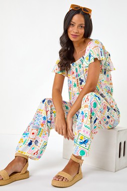 Dusk Cream Patchwork Print Wide Leg Trouser
