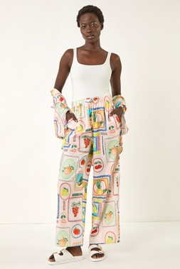 Roman Fruit Print Tie Waist Stretch Trouser