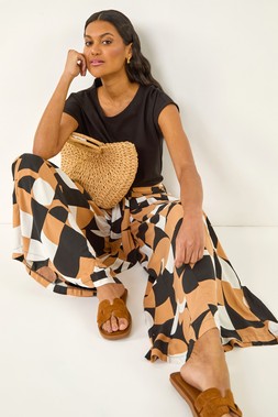 Roman Geometric Print Tie Waist Stretch Trouser